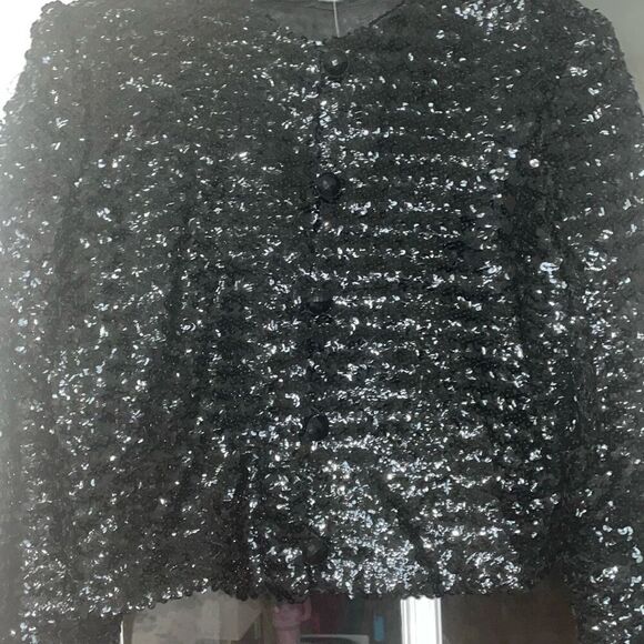 Vintage black sequin cropped long sleeve blazer jacket button down size 6 NWT - Picture 6 of 15